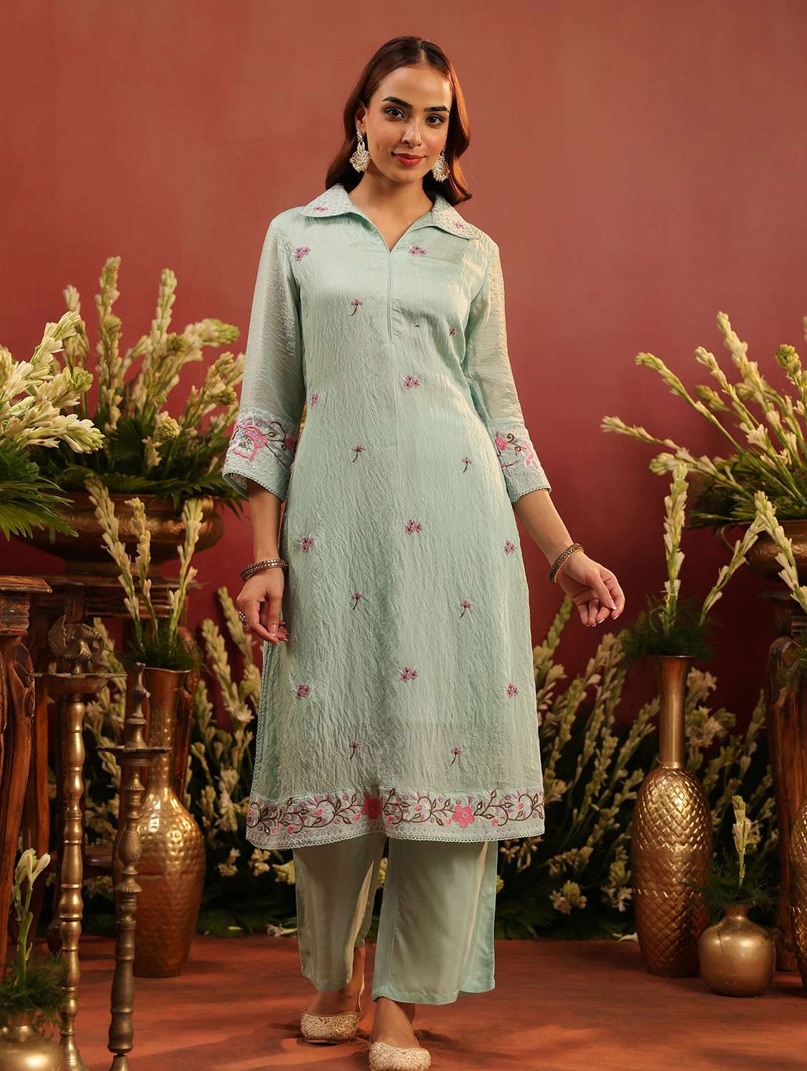 women embroidered three quarter sleeve kurta pant set