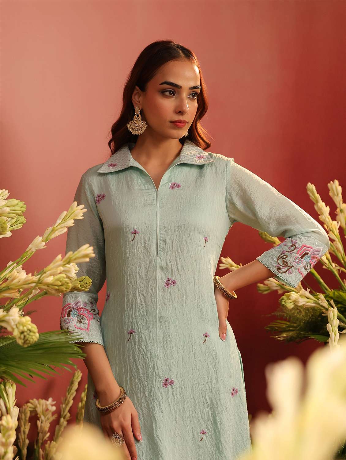 women embroidered three quarter sleeve kurta pant set - 22142266 -  Standard Image - 3