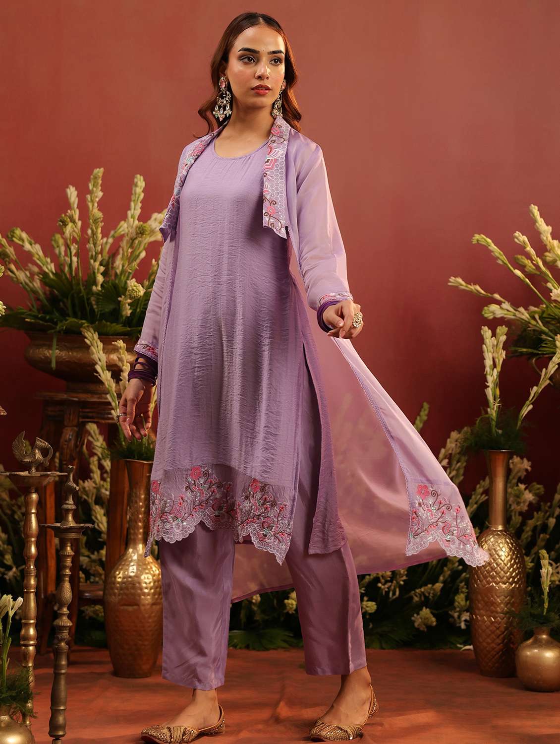 women solid with work long sleeve kurta pant set - 22142268 - Zoom Image - 0