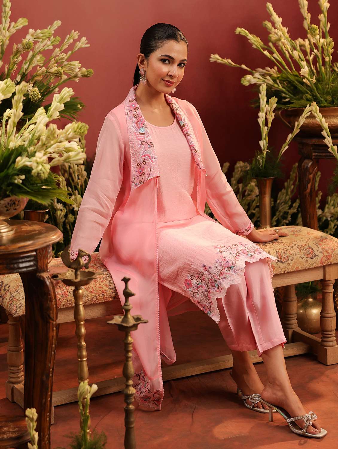 women solid with work long sleeve kurta pant set - 22142269 - Zoom Image - 0