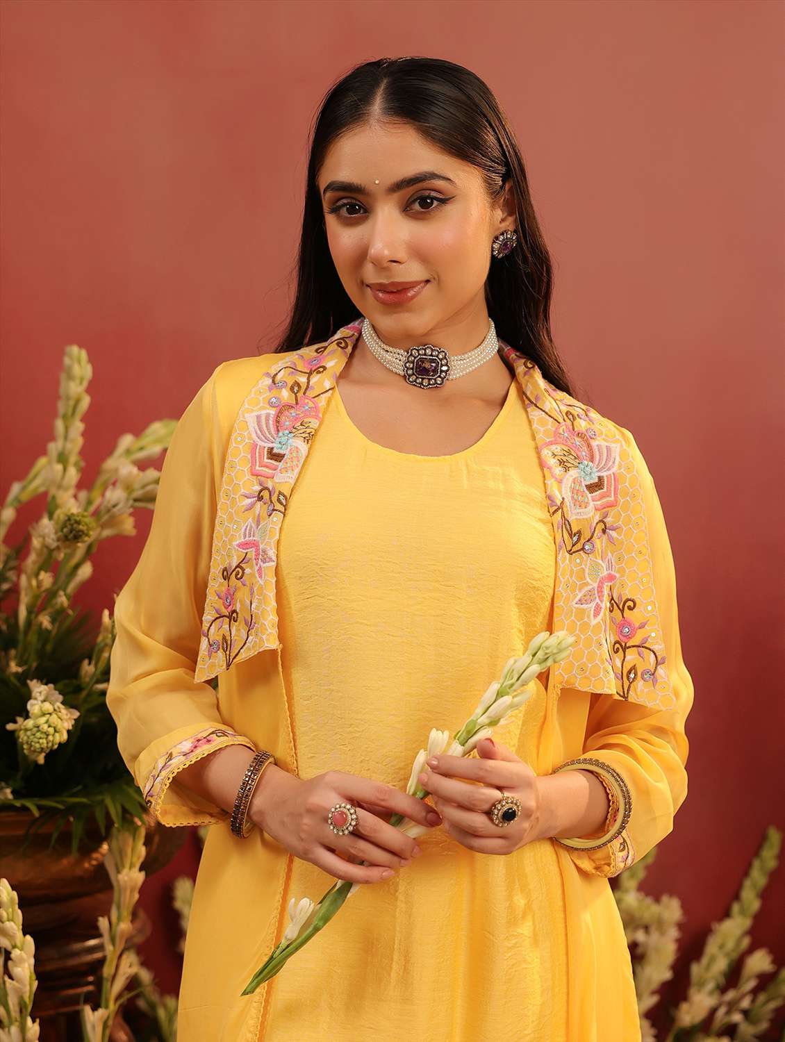 women solid with work long sleeve kurta pant set - 22142271 -  Standard Image - 3