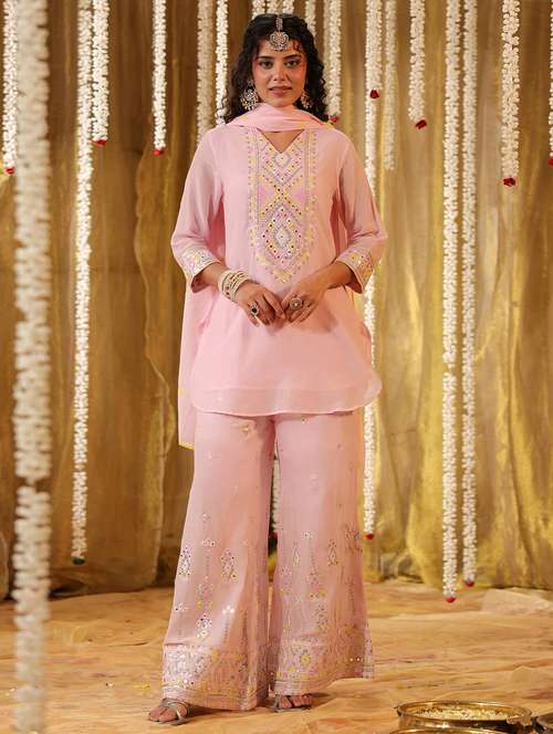 women embroidered three quarter sleeve kurta palazzo with dupatta set - 22142274 -  Standard Image - 0