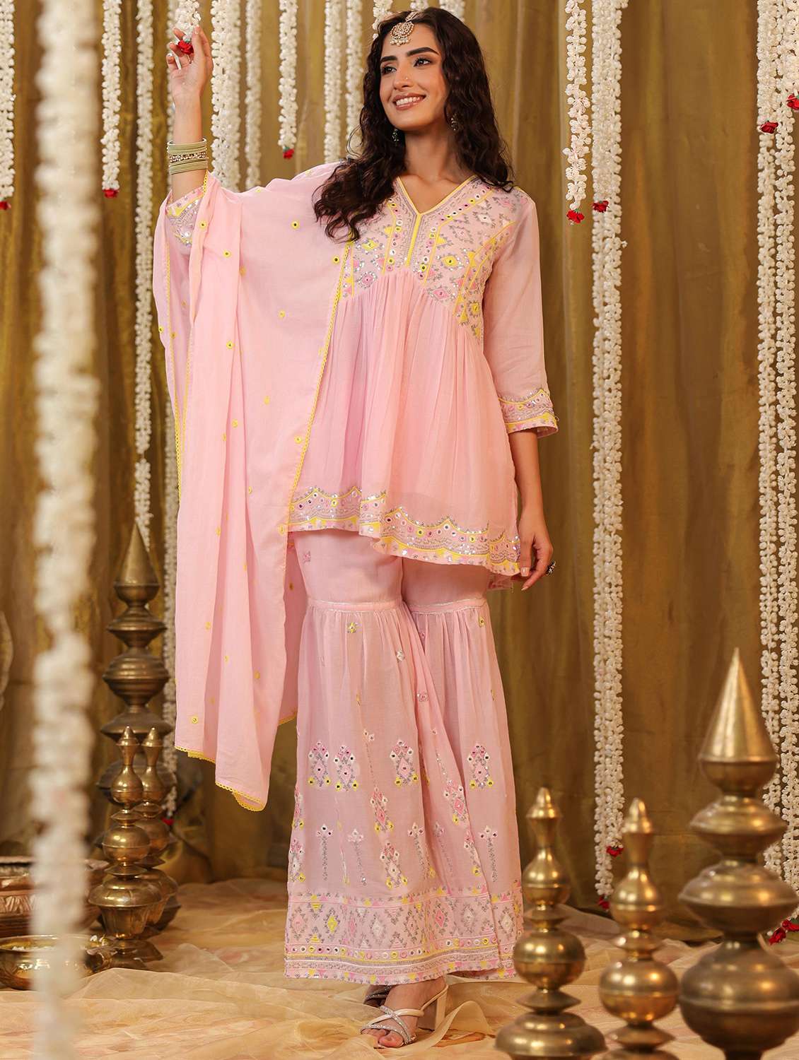 women embroidered three quarter sleeve kurta sharara with dupatta set