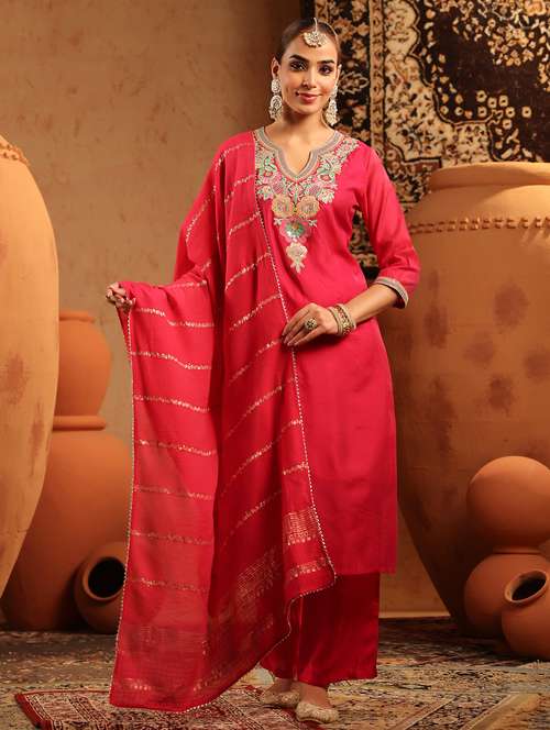 women embroidered three quarter sleeve kurta pant with dupatta set - 22142277 -  Standard Image - 0