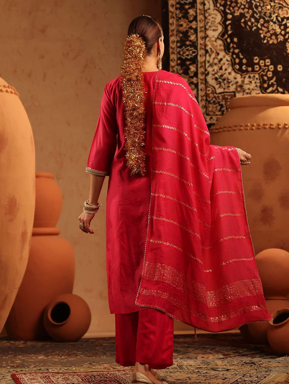 women embroidered three quarter sleeve kurta pant with dupatta set - 22142277 -  Standard Image - 3