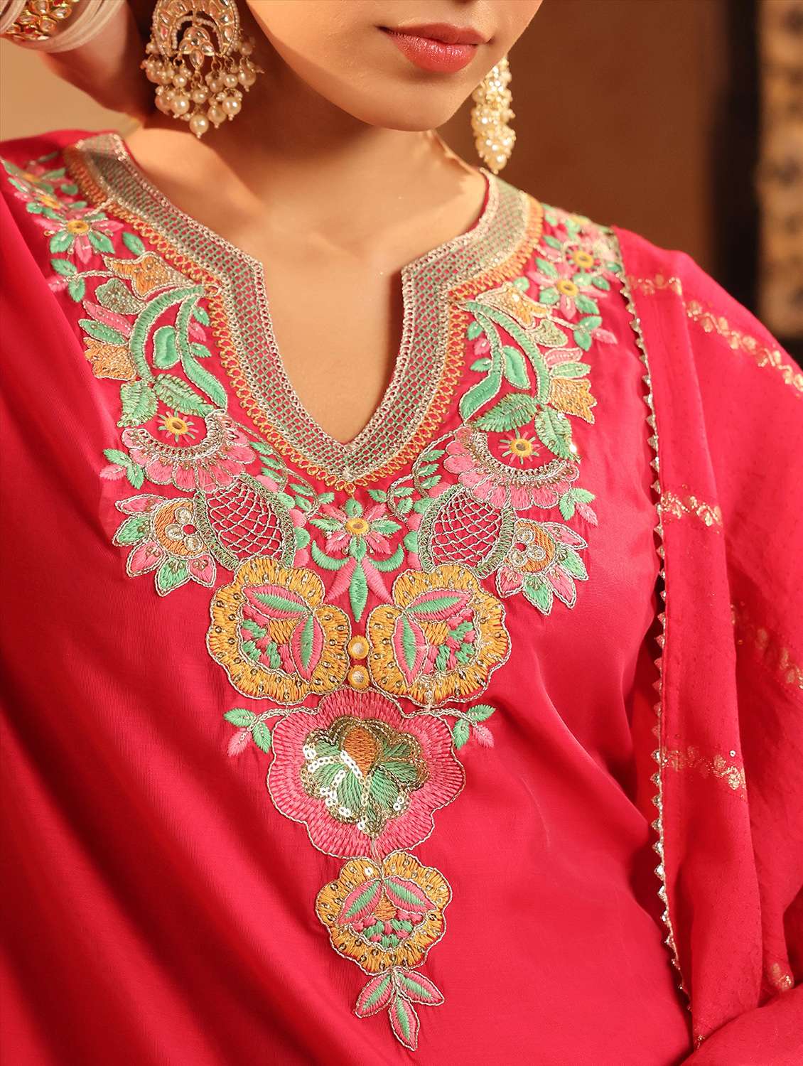 women embroidered three quarter sleeve kurta pant with dupatta set - 22142277 -  Standard Image - 5