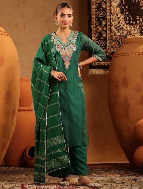 women embroidered three quarter sleeve kurta pant with dupatta set - 22142278 -  Standard Image - 0