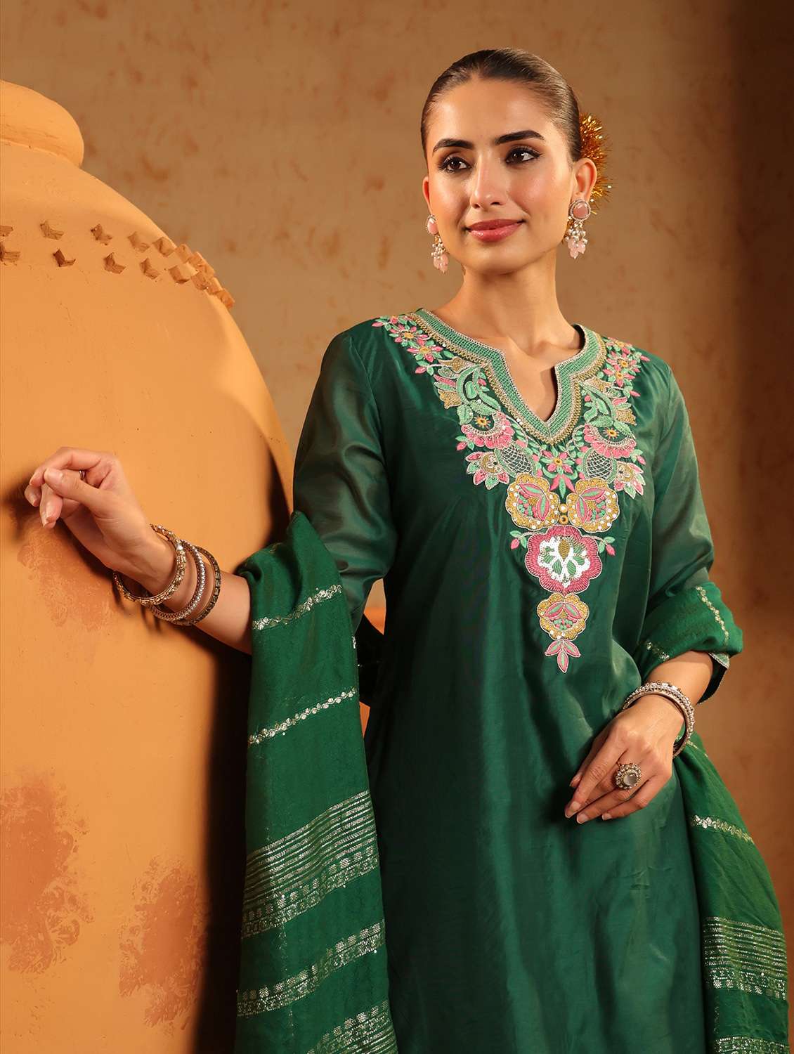 women embroidered three quarter sleeve kurta pant with dupatta set - 22142278 -  Standard Image - 3