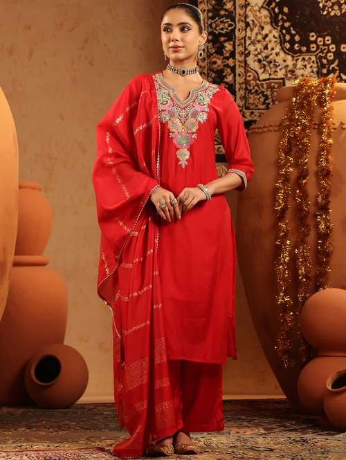 women embroidered three quarter sleeve kurta pant with dupatta set - 22142279 -  Standard Image - 0