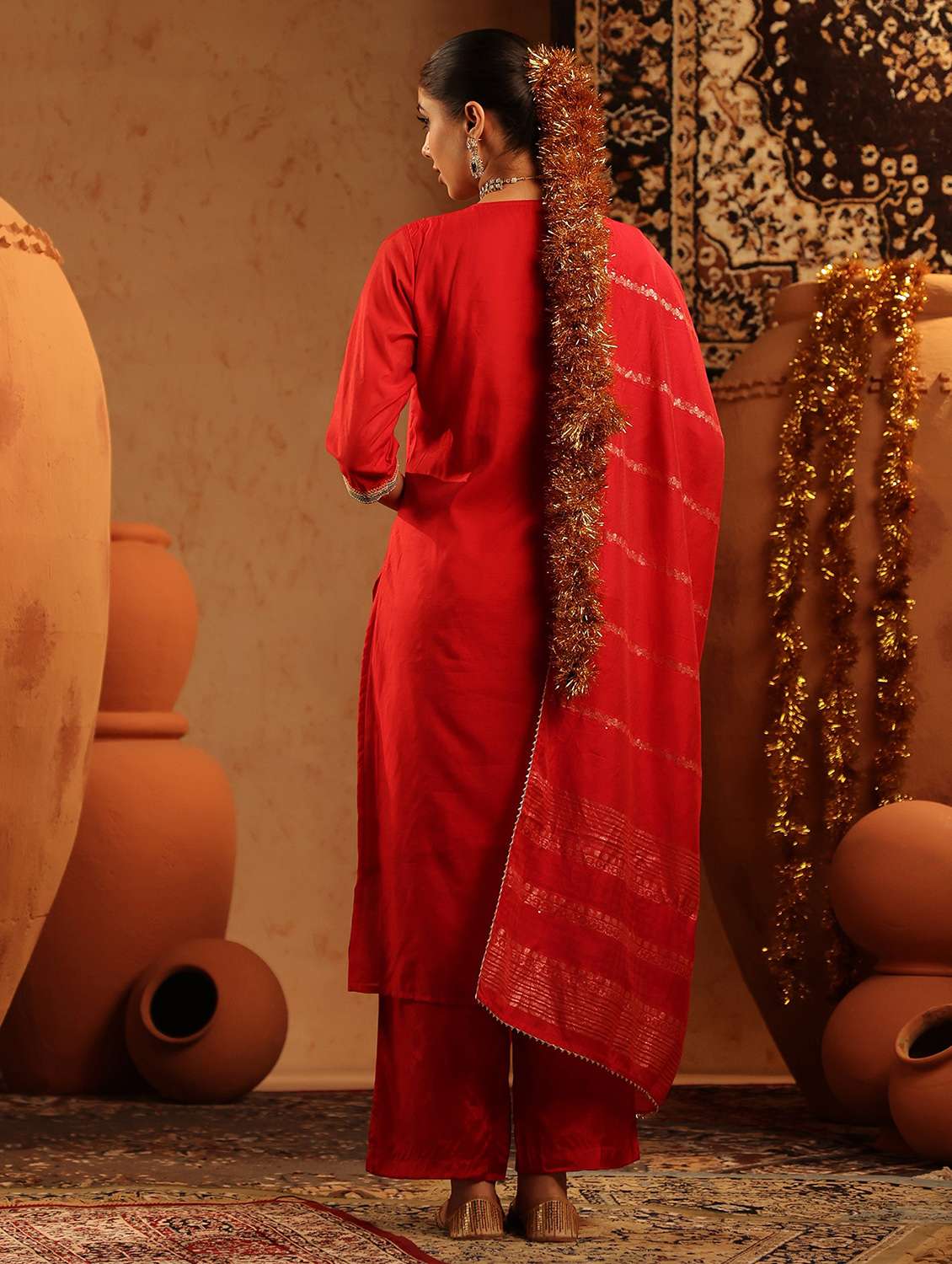 women embroidered three quarter sleeve kurta pant with dupatta set - 22142279 -  Standard Image - 3