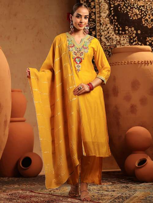 women embroidered three quarter sleeve kurta pant with dupatta set - 22142280 -  Standard Image - 0