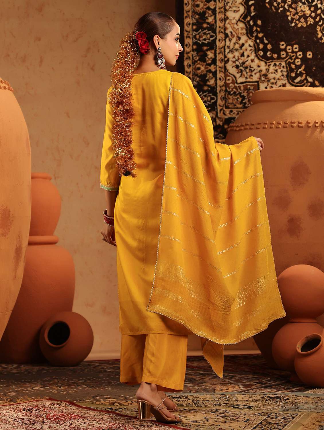 women embroidered three quarter sleeve kurta pant with dupatta set - 22142280 -  Standard Image - 3