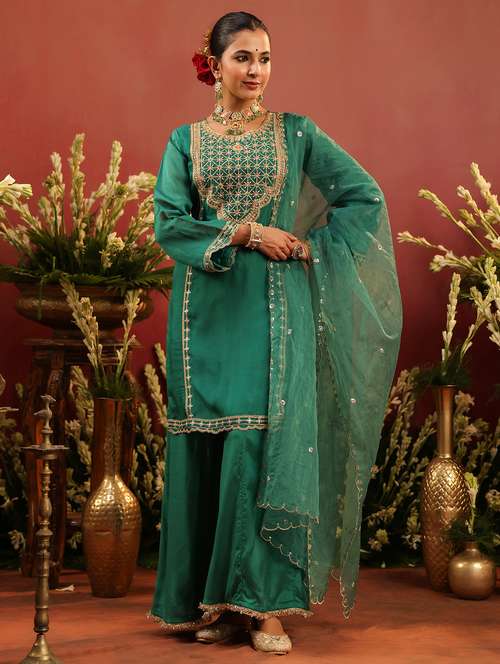 women solid with work long sleeve kurta palazzo with dupatta set - 22142281 -  Standard Image - 0