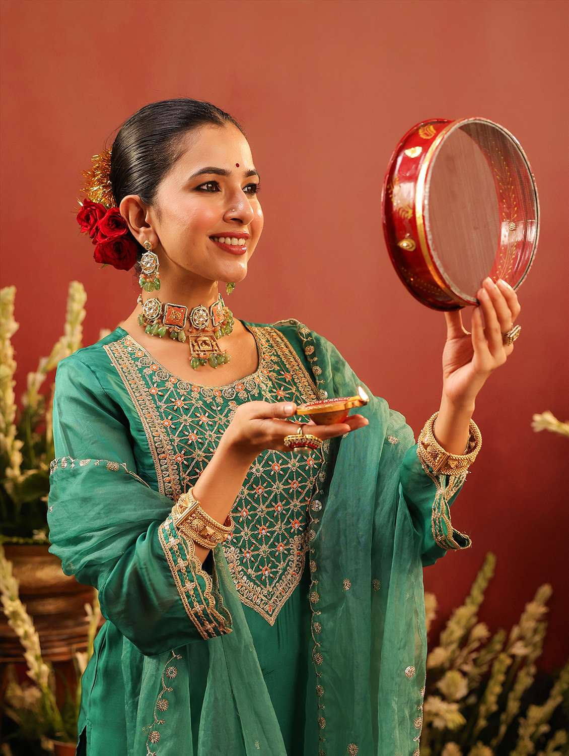 women solid with work long sleeve kurta palazzo with dupatta set - 22142281 -  Standard Image - 3