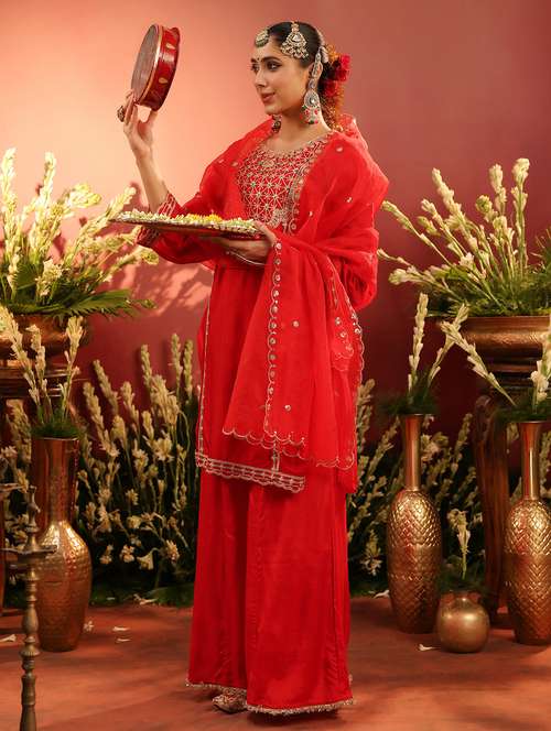 women solid with work long sleeve kurta palazzo with dupatta set - 22142282 - Standard Image - 0