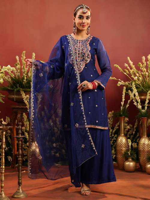 women solid with work long sleeve kurta palazzo with dupatta set - 22142283 -  Standard Image - 0