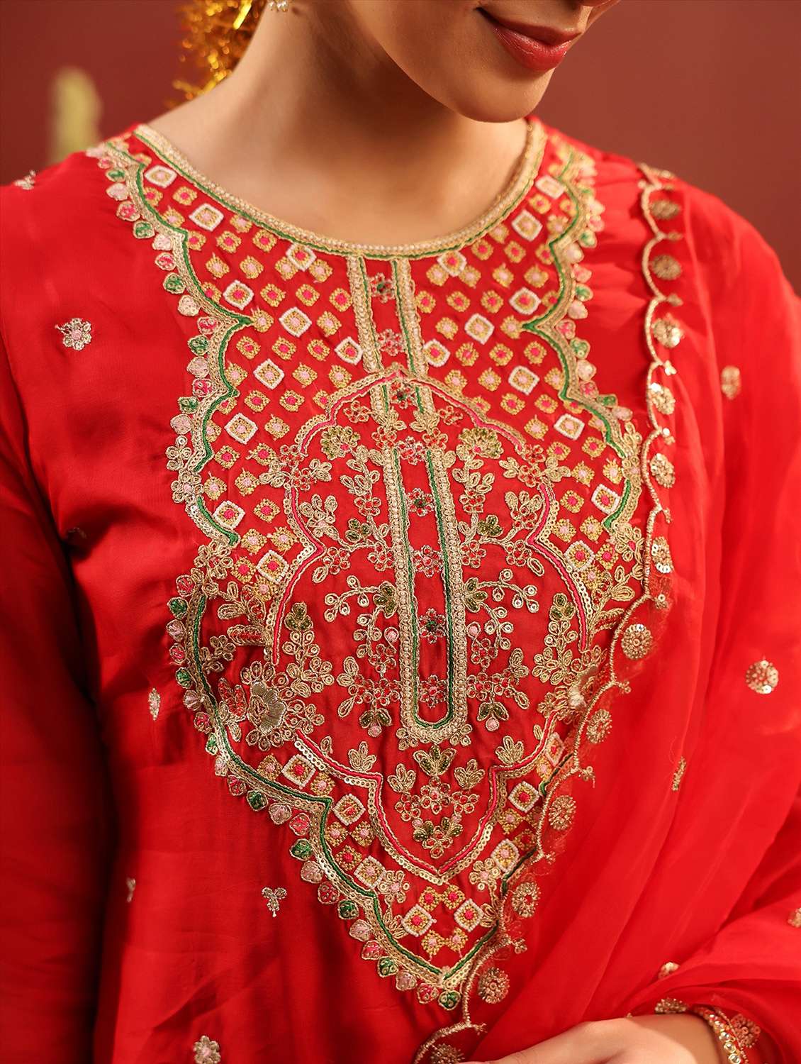 women solid with work long sleeve kurta palazzo with dupatta set - 22142284 -  Standard Image - 5