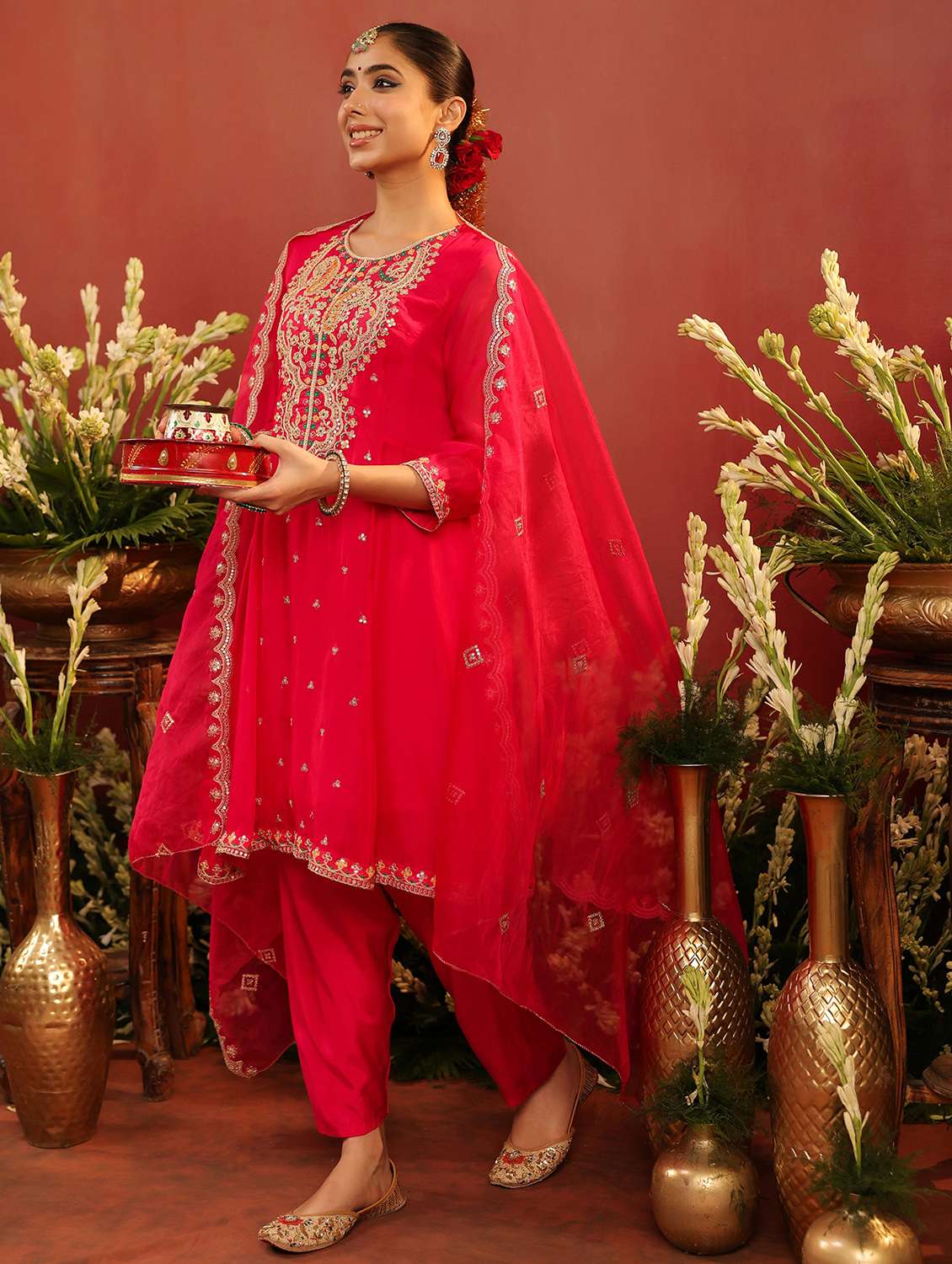 women solid with work three quarter sleeve kurta salwar with dupatta set - 22142285 -  Standard Image - 3