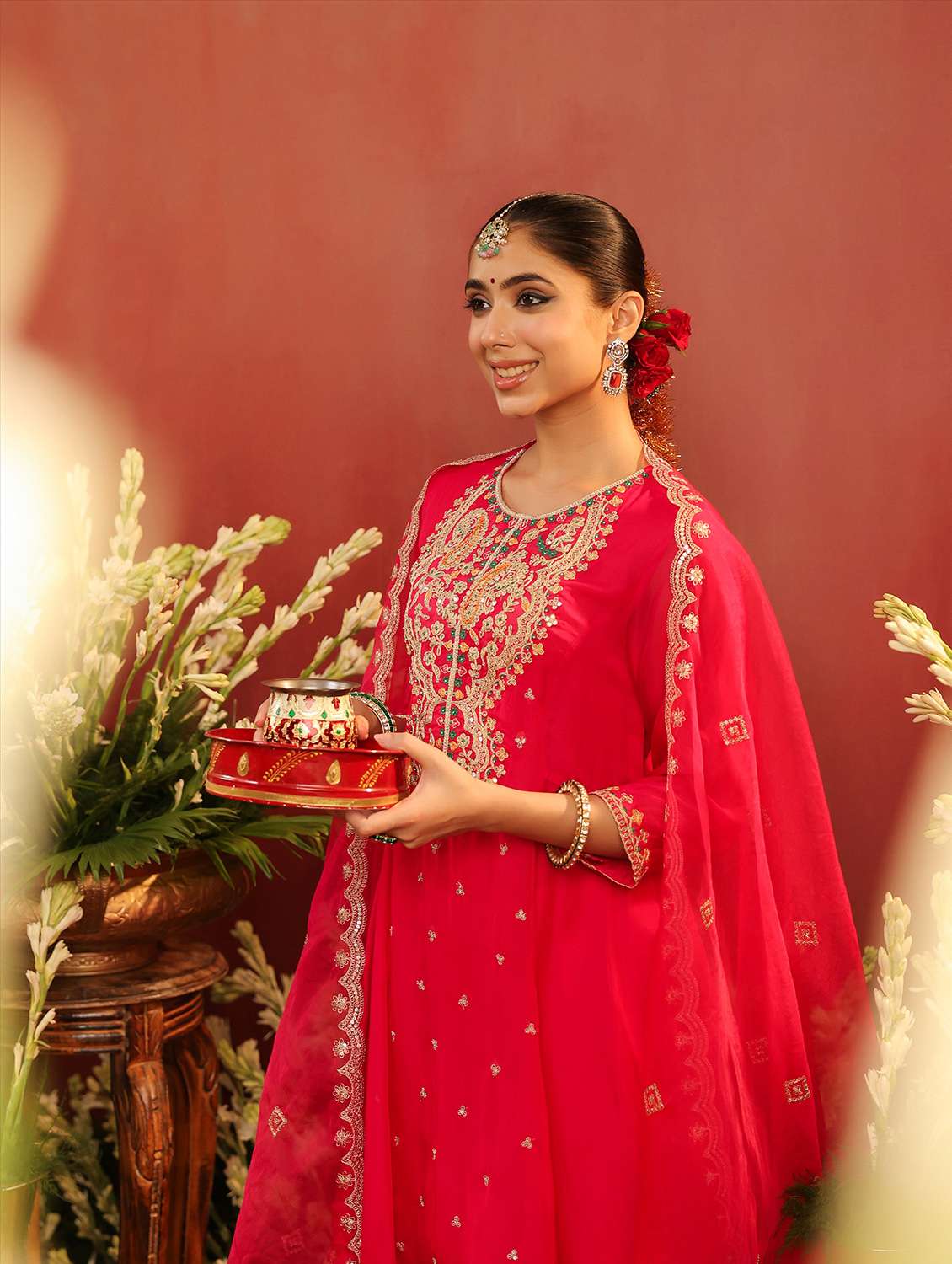 women solid with work three quarter sleeve kurta salwar with dupatta set - 22142285 -  Standard Image - 5