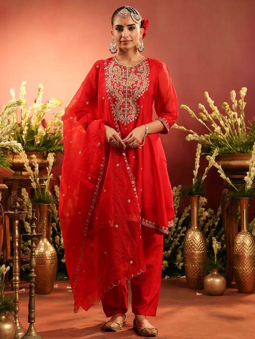 women solid with work three quarter sleeve kurta salwar with dupatta set - 22142286 -  Standard Image - 0