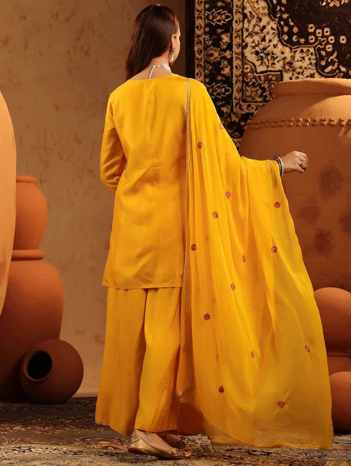 women embroidered three quarter sleeve kurta palazzo with dupatta set - 22142289 -  Standard Image - 3