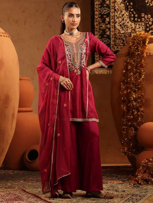 women embroidered three quarter sleeve kurta palazzo with dupatta set - 22142290 -  Standard Image - 0