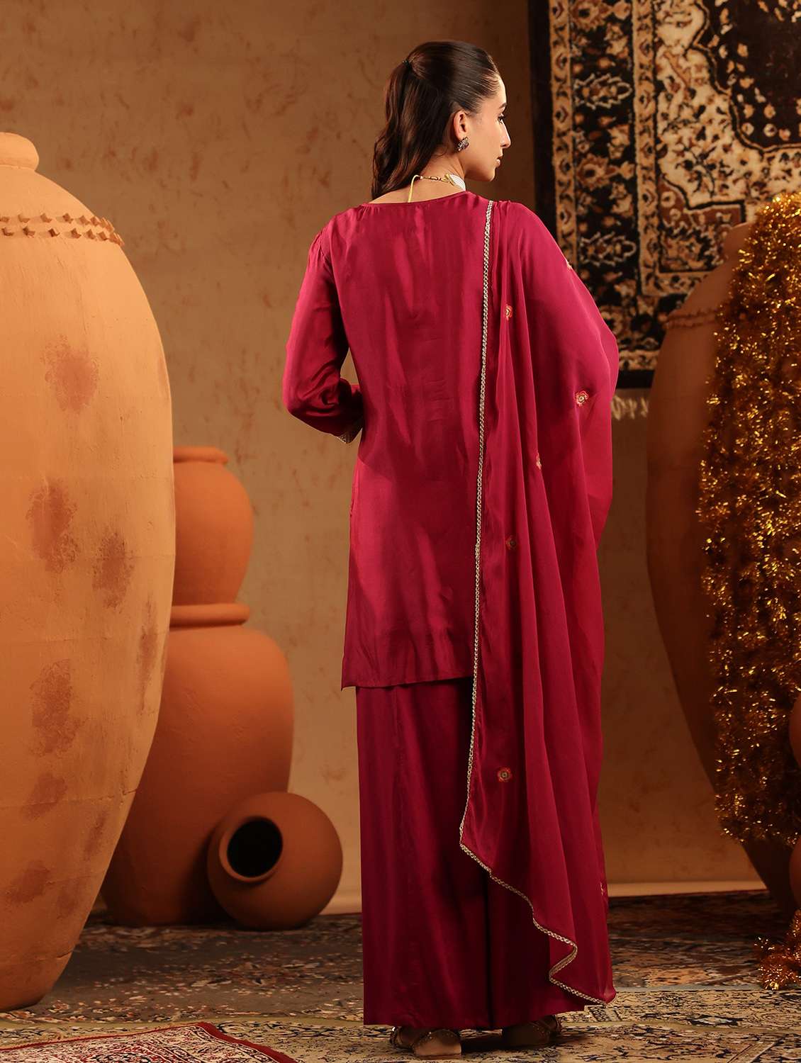 women embroidered three quarter sleeve kurta palazzo with dupatta set - 22142290 -  Standard Image - 3