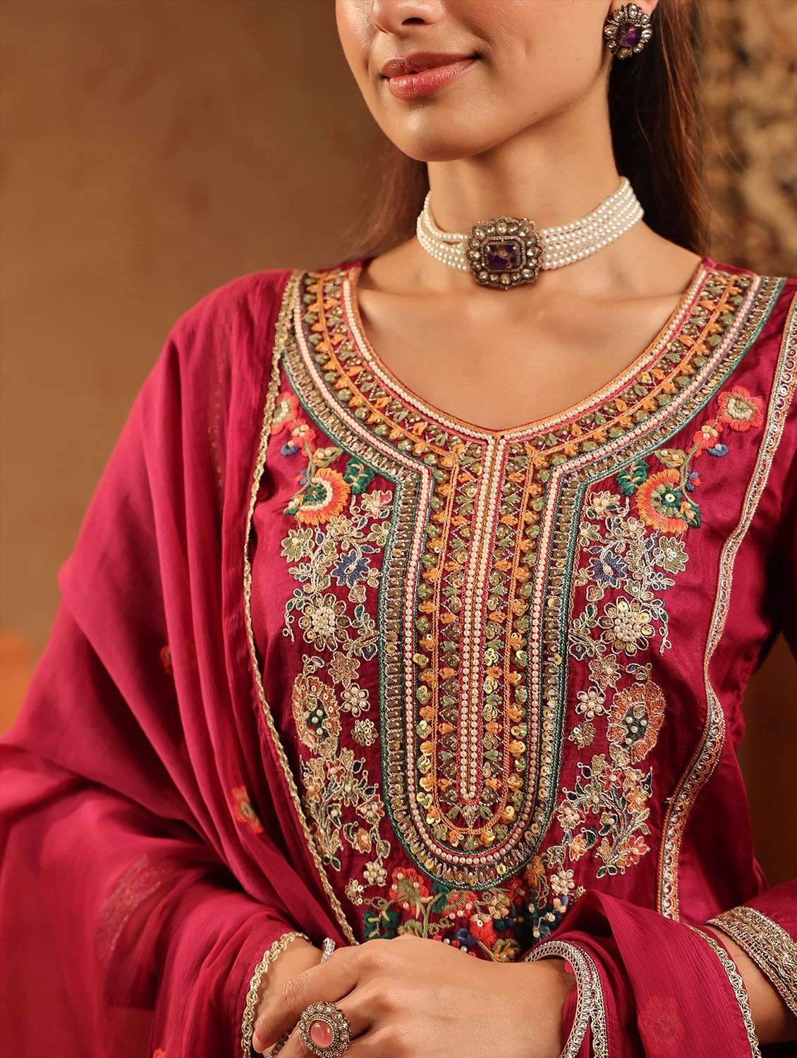 women embroidered three quarter sleeve kurta palazzo with dupatta set - 22142290 -  Standard Image - 5