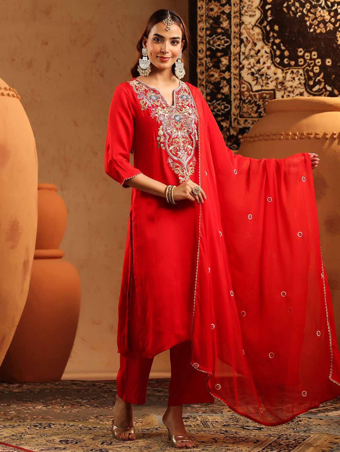 women embroidered three quarter sleeve kurta pant with dupatta set