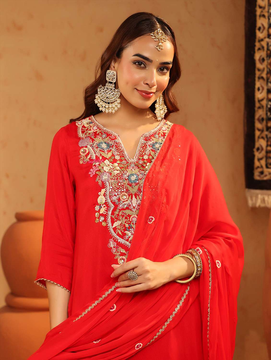 women embroidered three quarter sleeve kurta pant with dupatta set - 22142291 -  Standard Image - 3