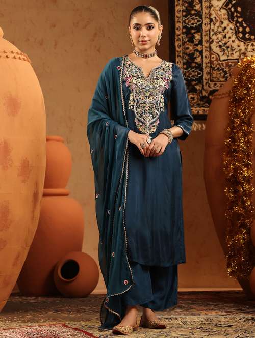 women embroidered three quarter sleeve kurta pant with dupatta set - 22142292 -  Standard Image - 0