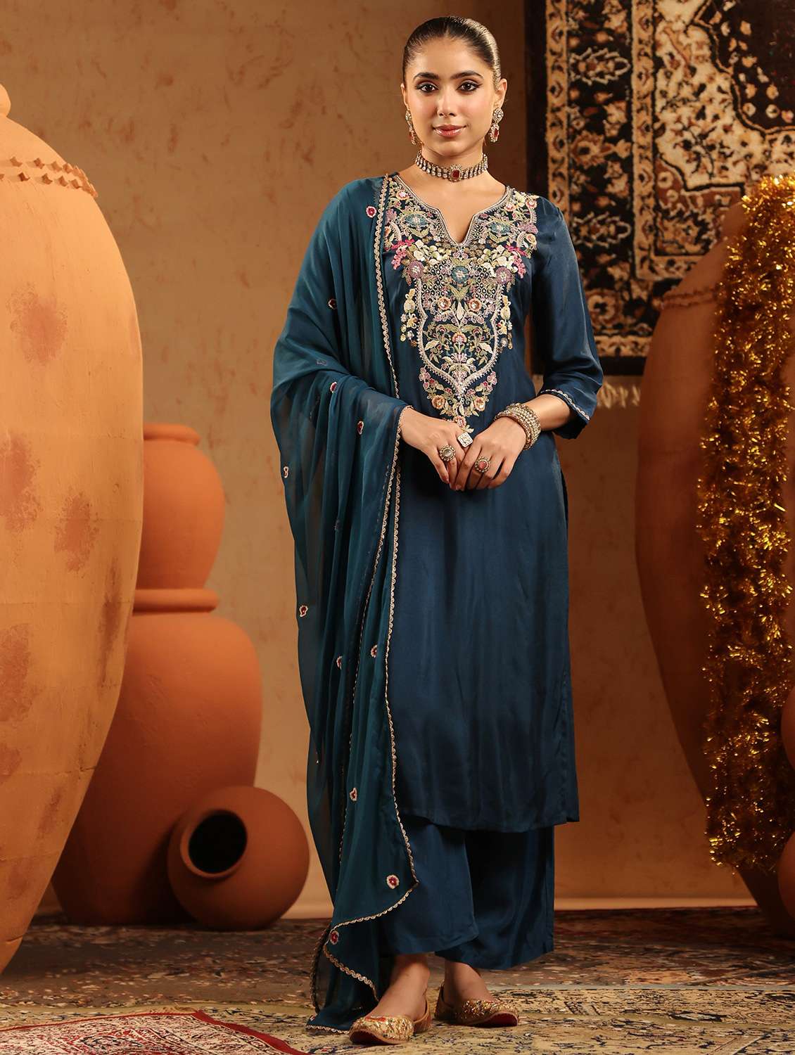 women embroidered three quarter sleeve kurta pant with dupatta set