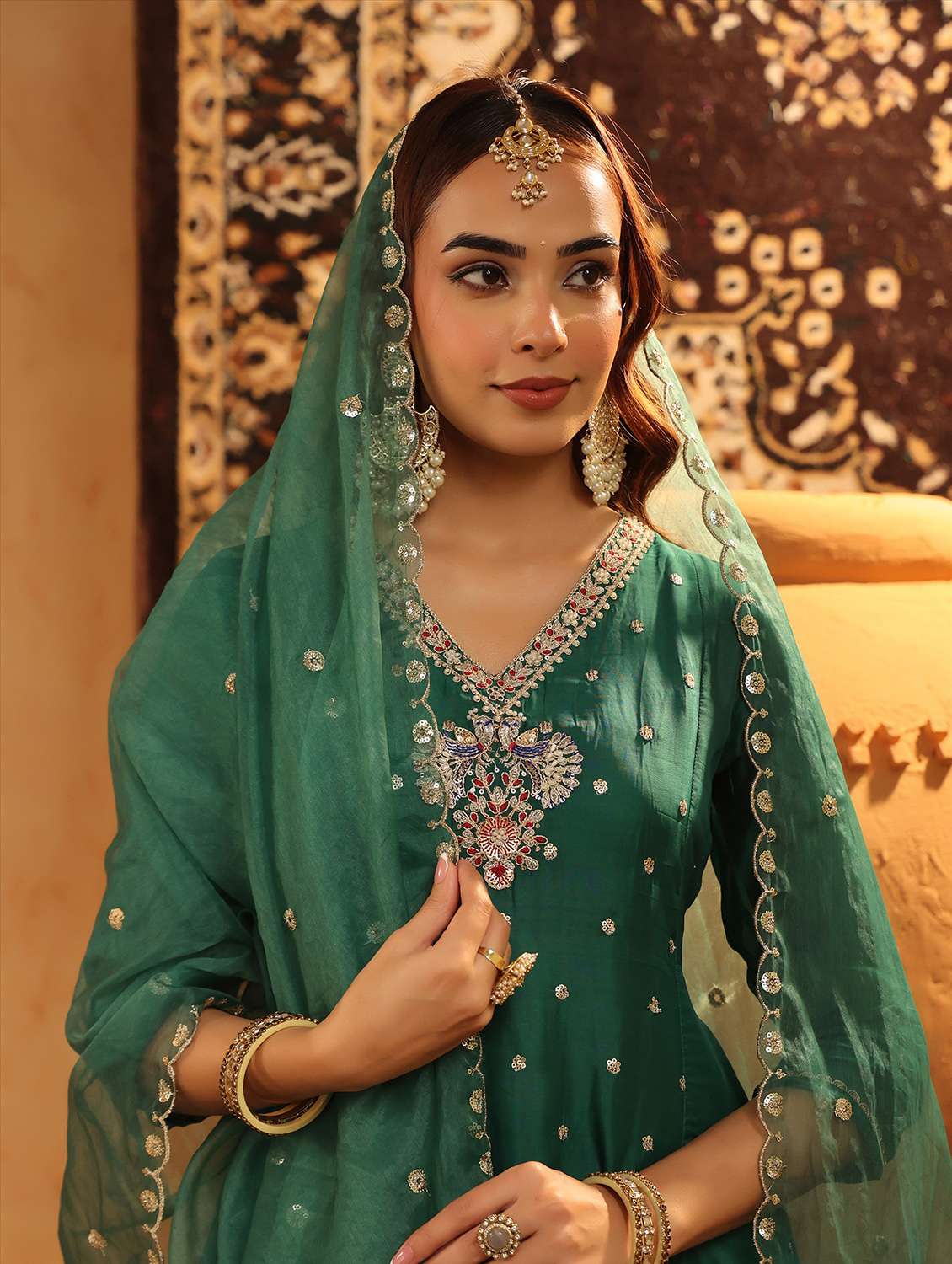 women solid with work three quarter sleeve kurta salwar with dupatta set - 22142293 -  Standard Image - 3