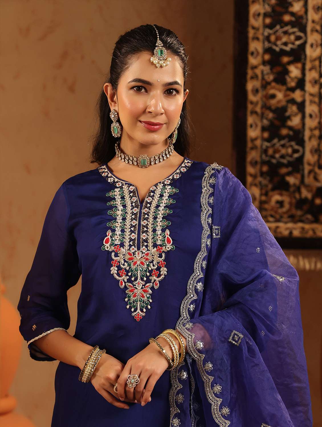 women embroidered three quarter sleeve kurta pant with dupatta set - 22142294 -  Standard Image - 3