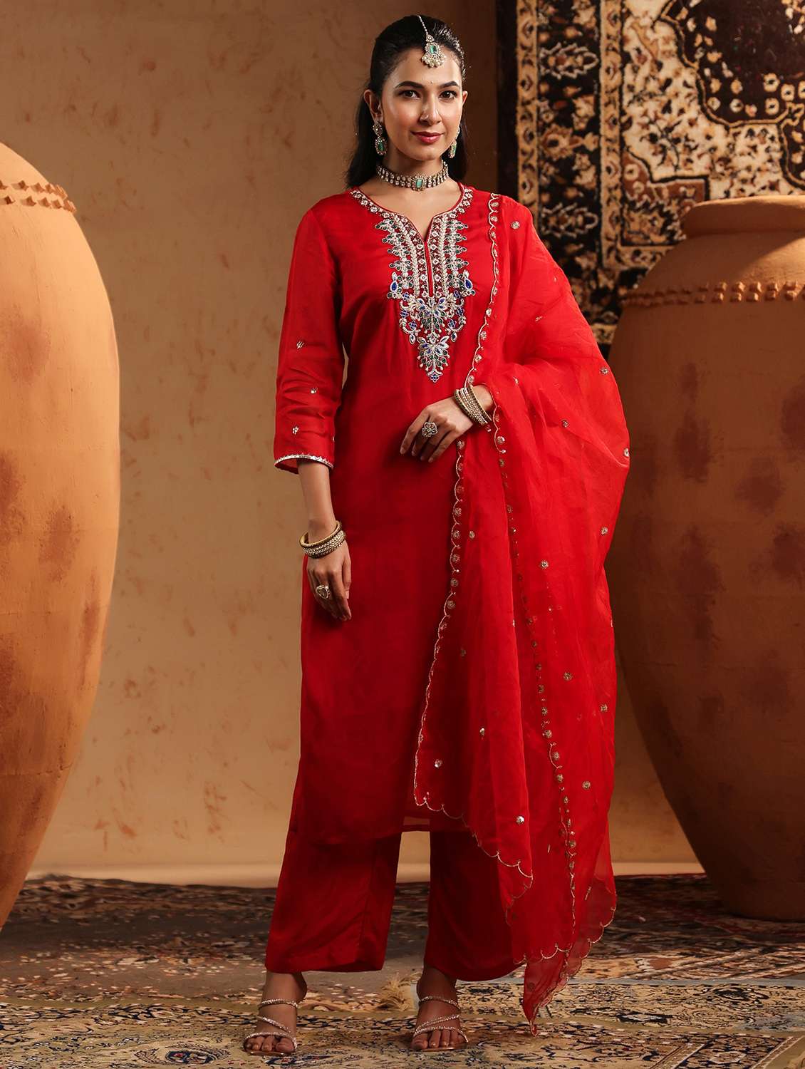 women embroidered three quarter sleeve kurta pant with dupatta set