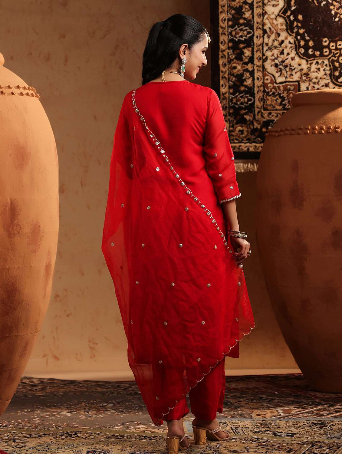 women embroidered three quarter sleeve kurta pant with dupatta set - 22142295 -  Standard Image - 3