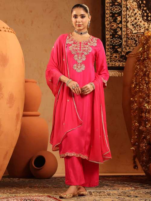 women embroidered three quarter sleeve kurta pant with dupatta set - 22142296 -  Standard Image - 0