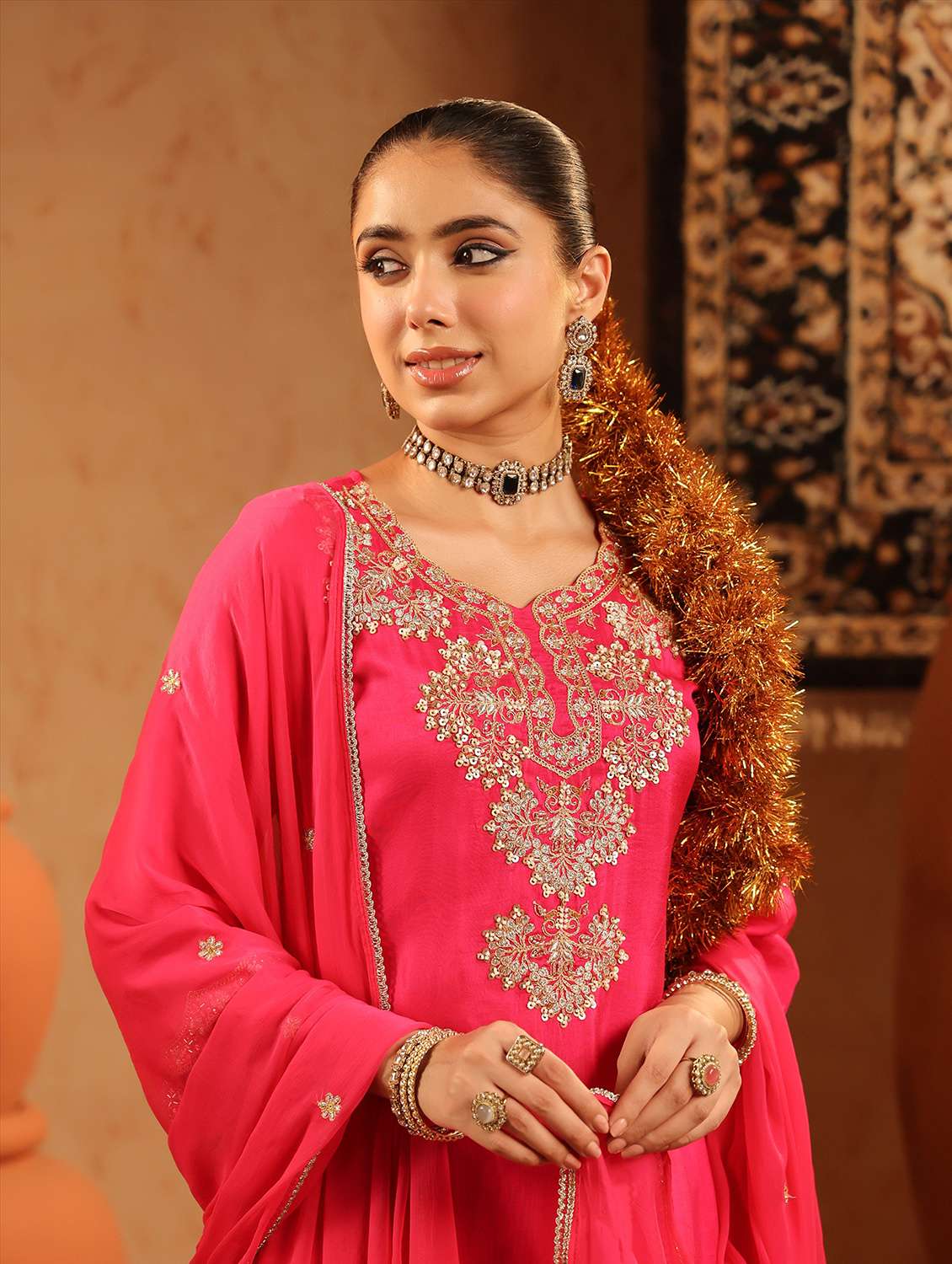 women embroidered three quarter sleeve kurta pant with dupatta set - 22142296 -  Standard Image - 3