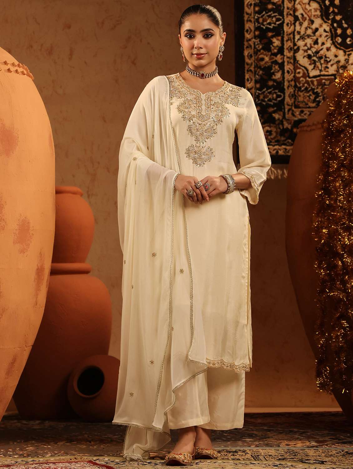 women embroidered three quarter sleeve kurta pant with dupatta set - 22142297 -  Zoom Image - 0