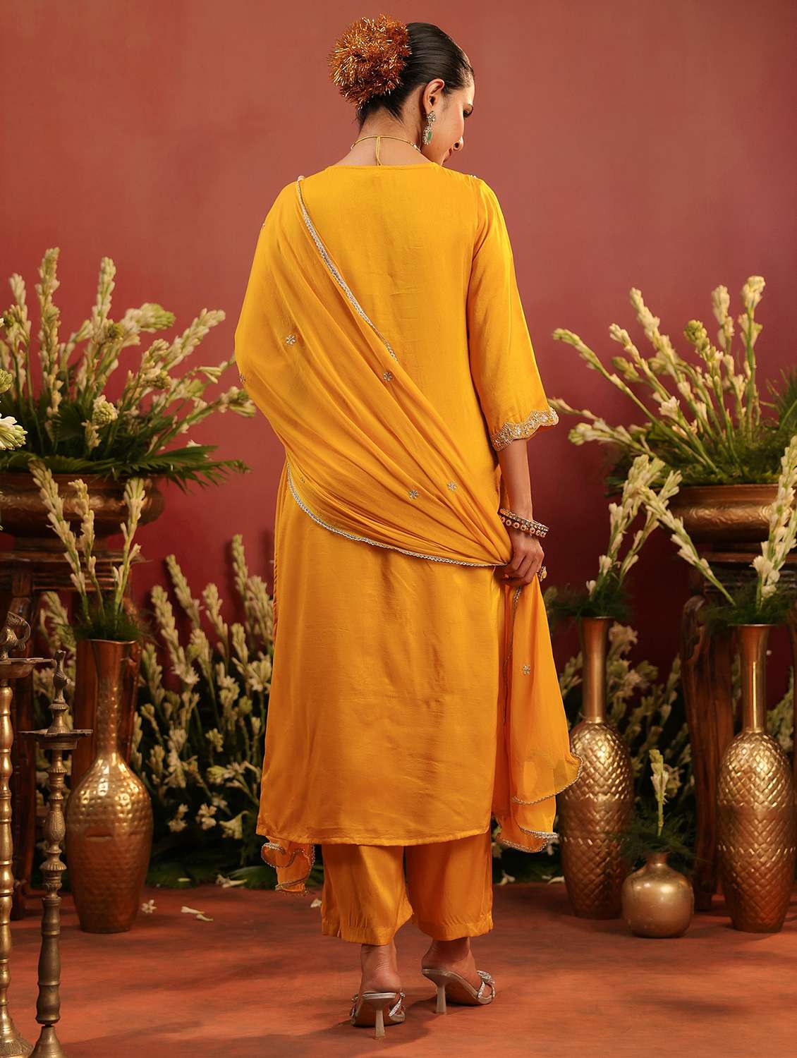 women embroidered three quarter sleeve kurta pant with dupatta set - 22142298 -  Standard Image - 3