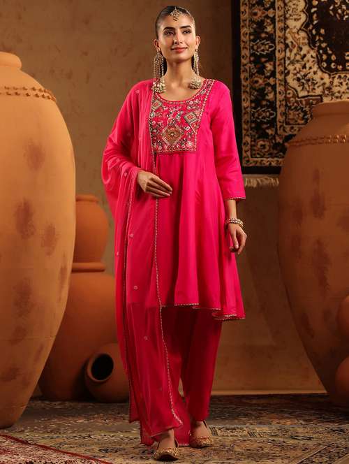 women solid with work three quarter sleeve kurta salwar with dupatta set - 22142299 -  Standard Image - 0