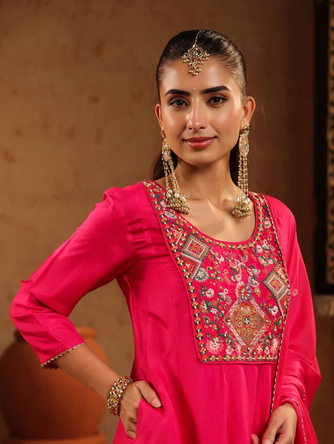 women solid with work three quarter sleeve kurta salwar with dupatta set - 22142299 -  Standard Image - 3