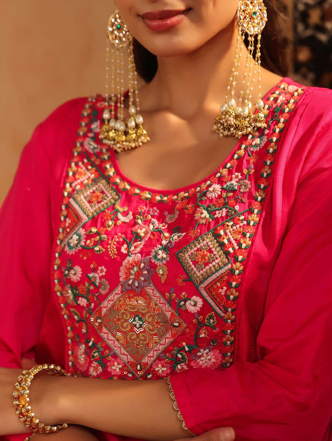 women solid with work three quarter sleeve kurta salwar with dupatta set - 22142299 -  Standard Image - 5