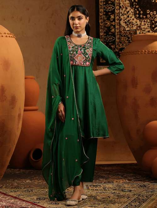 women solid with work three quarter sleeve kurta salwar with dupatta set - 22142300 -  Standard Image - 0