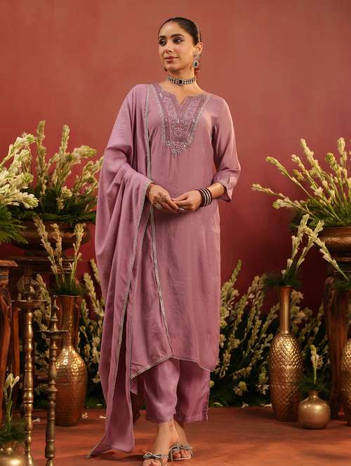 women embroidered three quarter sleeve kurta pant with dupatta set - 22142301 -  Standard Image - 0