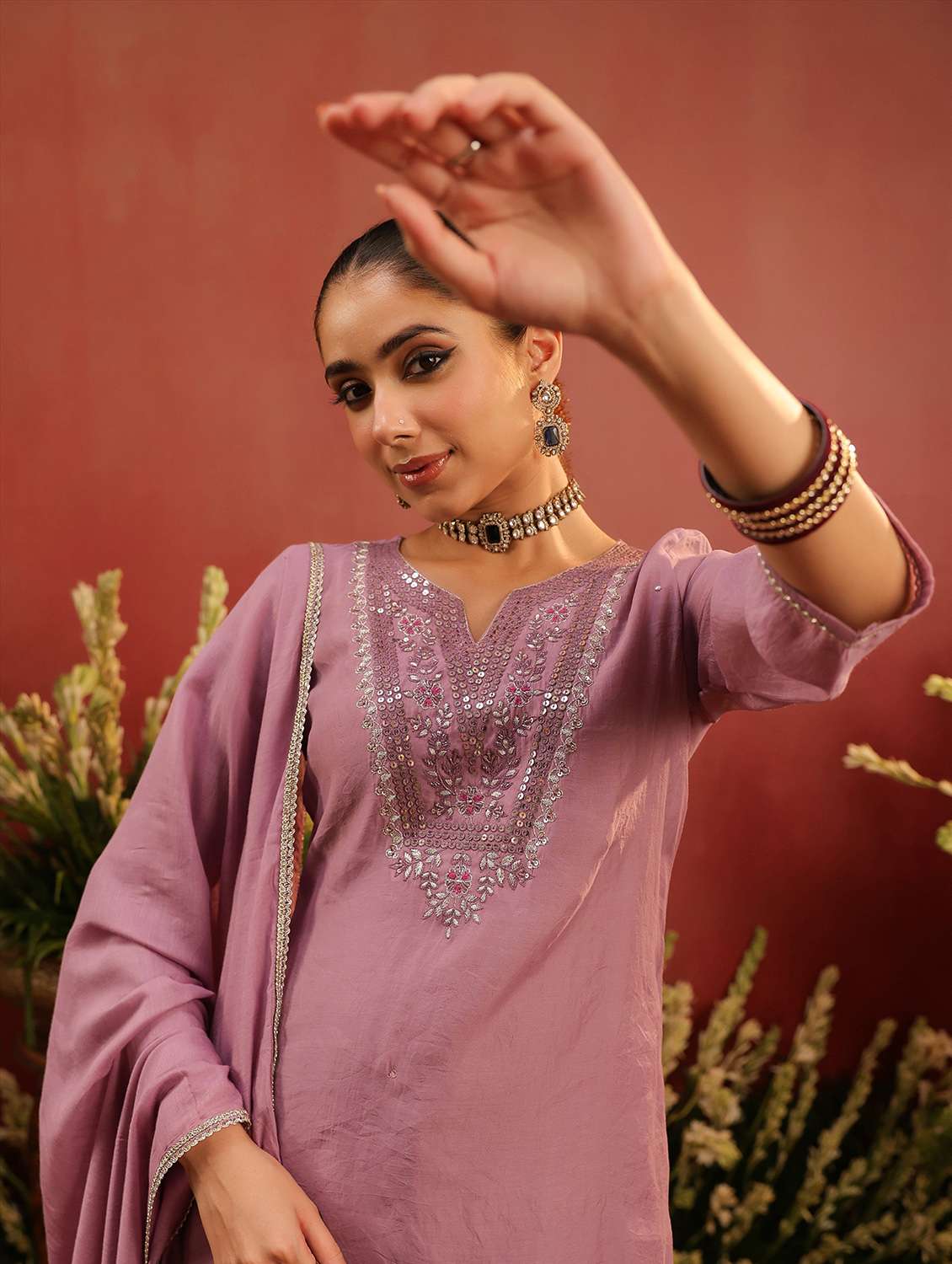 women embroidered three quarter sleeve kurta pant with dupatta set - 22142301 -  Standard Image - 3