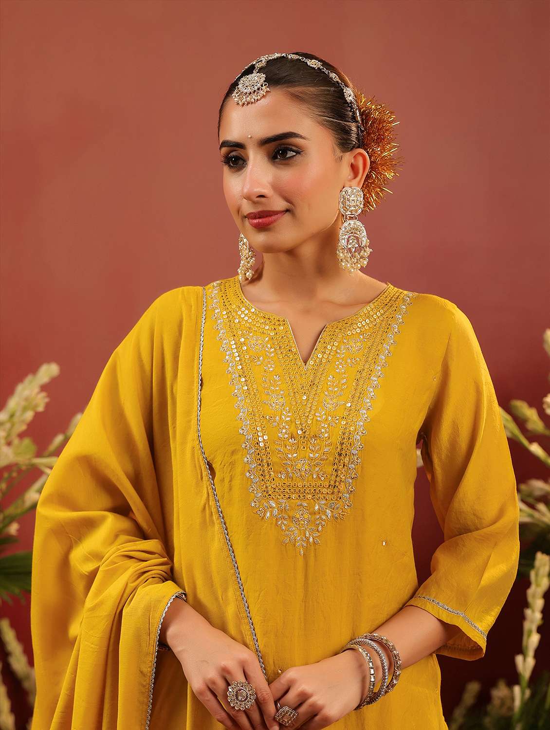 women embroidered three quarter sleeve kurta pant with dupatta set - 22142302 - Standard Image - 3