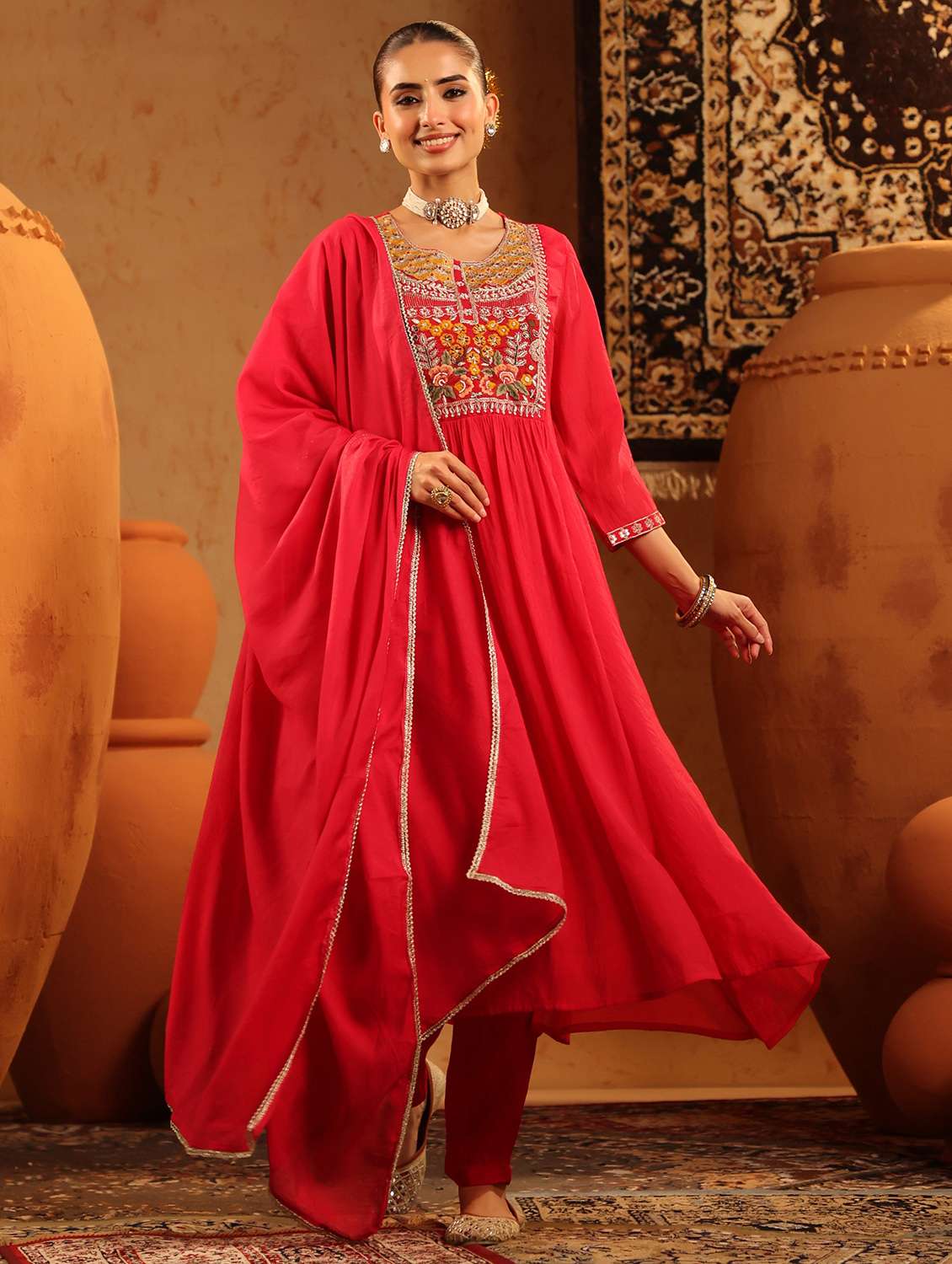 women embroidered three quarter sleeve kurta pant with dupatta set