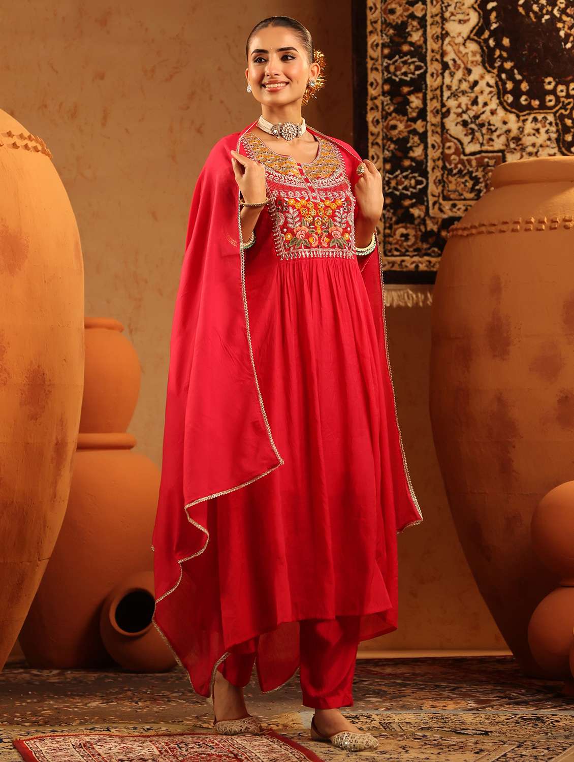 women embroidered three quarter sleeve kurta pant with dupatta set - 22142304 -  Standard Image - 3