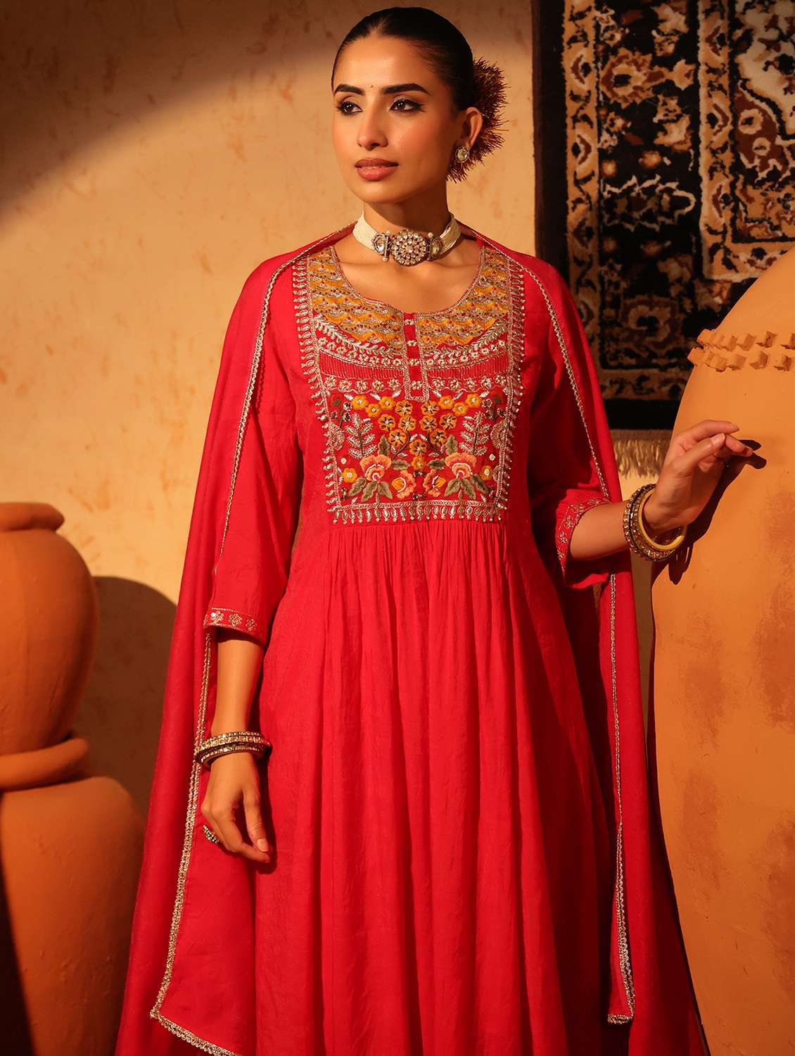 women embroidered three quarter sleeve kurta pant with dupatta set - 22142304 -  Standard Image - 5